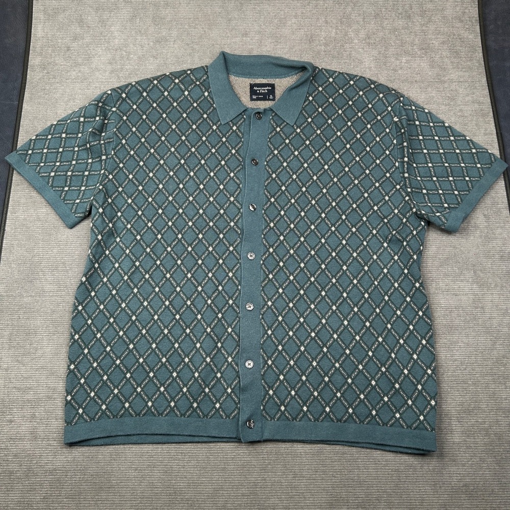 Abercrombie & Fitch Diamond Knit Button-Up Polo Cloth Shirt Y2k Teal Academia XL